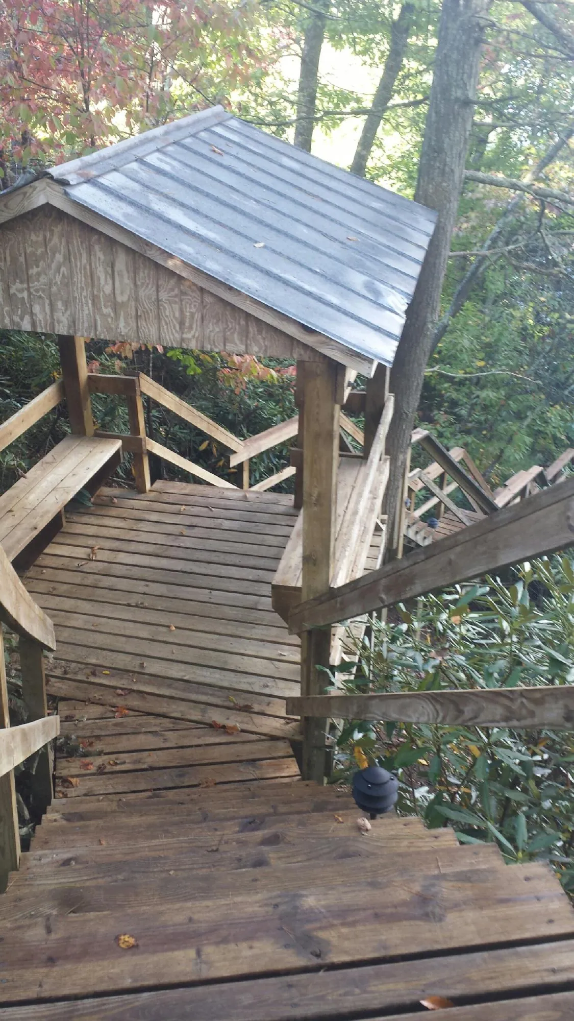 Metal roofed shelter over wooden steps on a wooded walkway — Skylight Repair & Installation work by our crew in Slaterville Springs